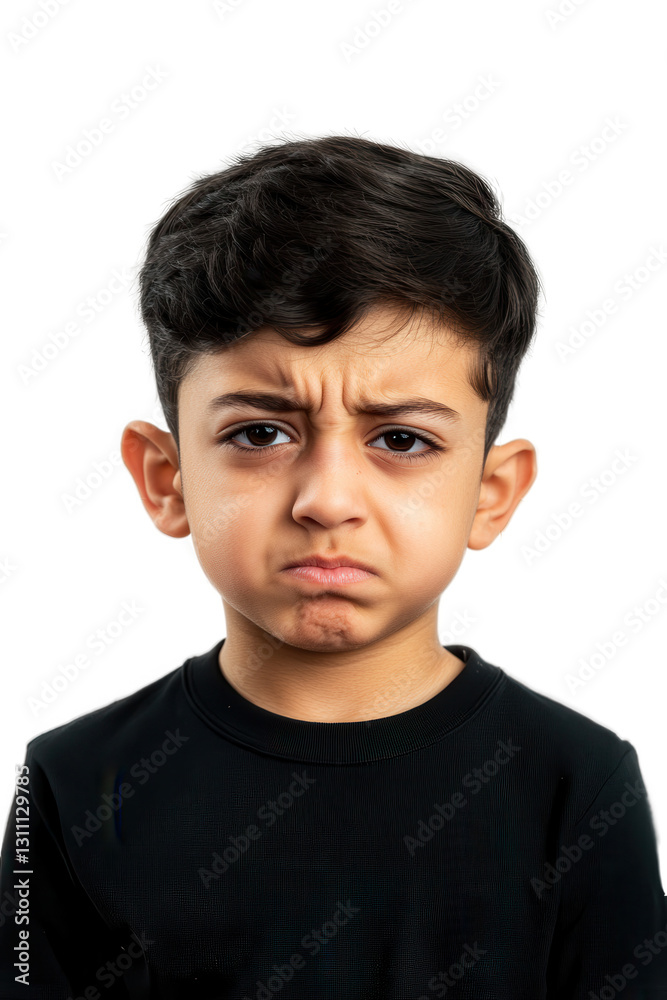 Child with serious face expressing frustration or annoyance isolated on white background, young boy showing emotions, close-up portrait of kid.