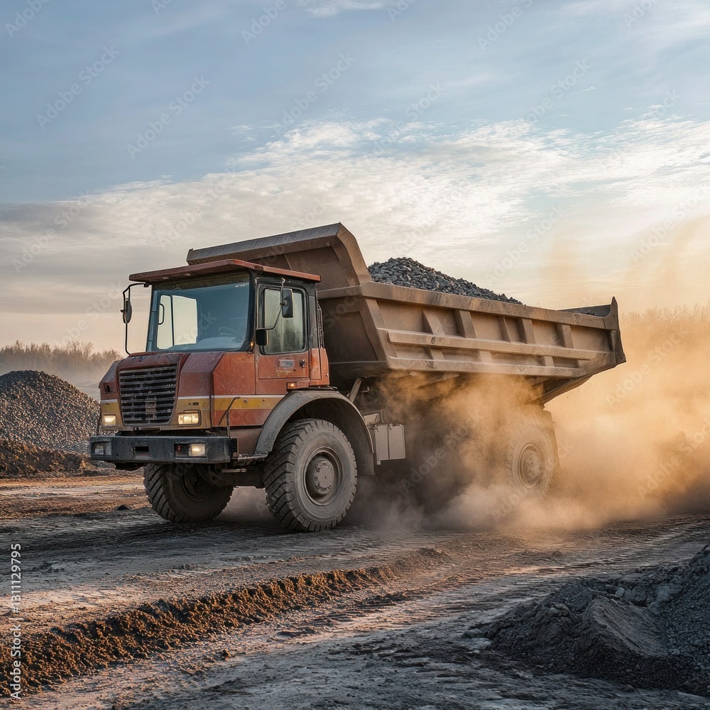 A dump truck unloading gravel at a construction zone. A dump truck unloading gravel at a construction zone.