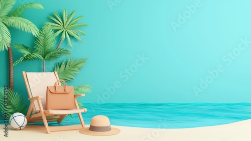 Relaxing Beach Scene with Chair  Hat  Bag and Palm Trees