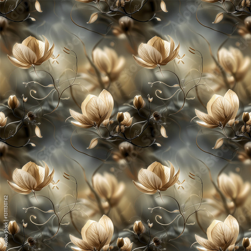 Seamless botanical pattern. Fresh delicate blooming flowers on branches