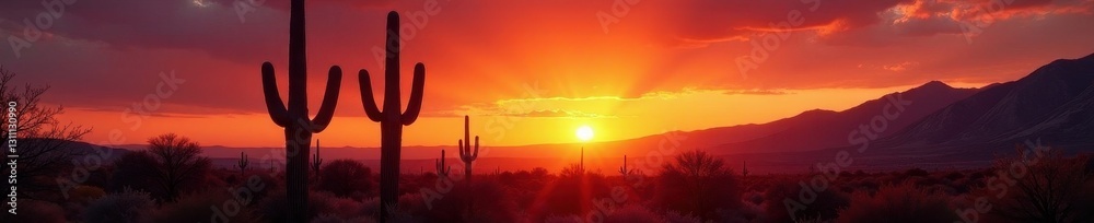 Saguaro arms reaching towards a fiery Arizona sunrise, yellow, color Saguaro arms reaching towards a fiery Arizona sunrise, yellow, color
