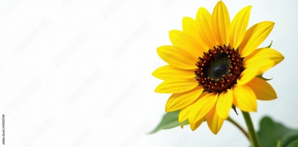 Fototapeta premium Vibrant yellow sunflower, petals unfurled, crisp white backdrop, ray floret, high resolution