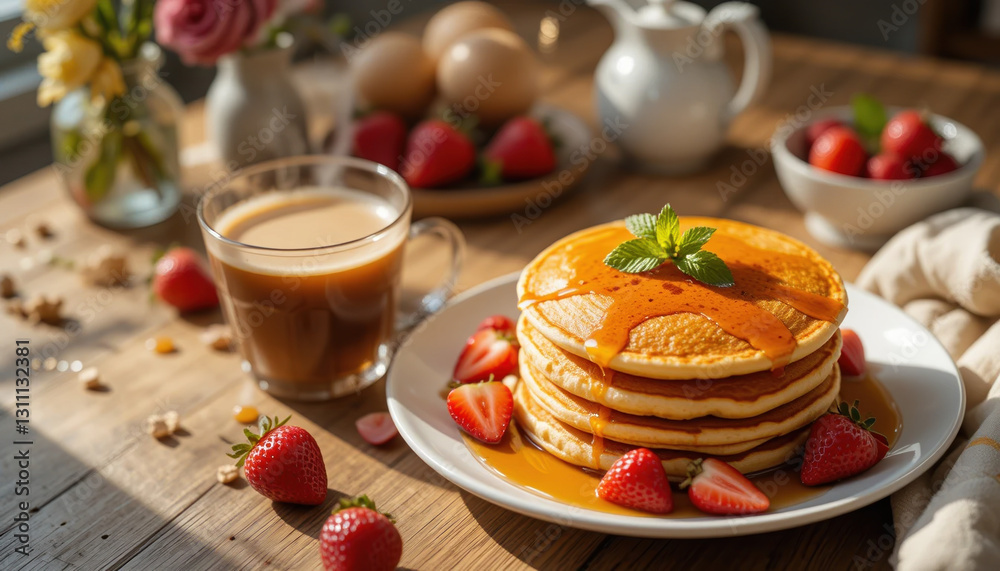 Delicious pancakes with syrup and peaches are on the wooden table, next to juicy strawberries and drinks — coffee with milk and orange juice. Flowers and natural light create comfort. Delicious pancakes with syrup and peaches are on the wooden table, next to juicy strawberries and drinks — coffee with milk and orange juice. Flowers and natural light create comfort.