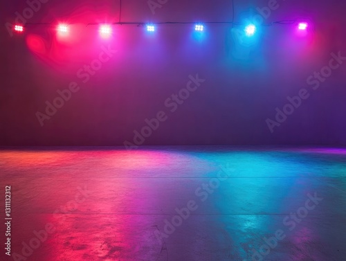 Empty stage lit with vibrant neon lights