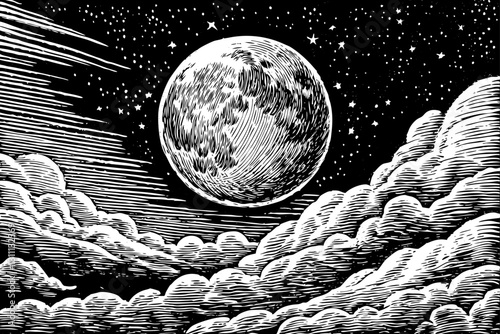 moon in sky with stars black and white hand drawn sketch