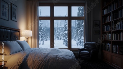 Cozy Bedroom with Snowy Mountain View Through Large Windows