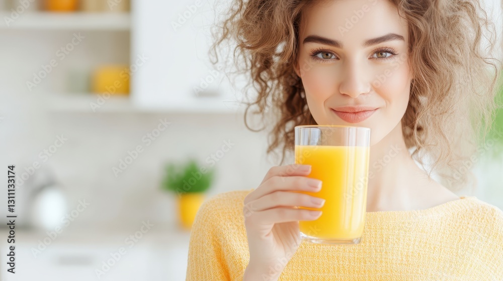 Smiling Woman Enjoying Fresh Orange Juice, Cozy Kitchen. Smiling Woman Enjoying Fresh Orange Juice, Cozy Kitchen.