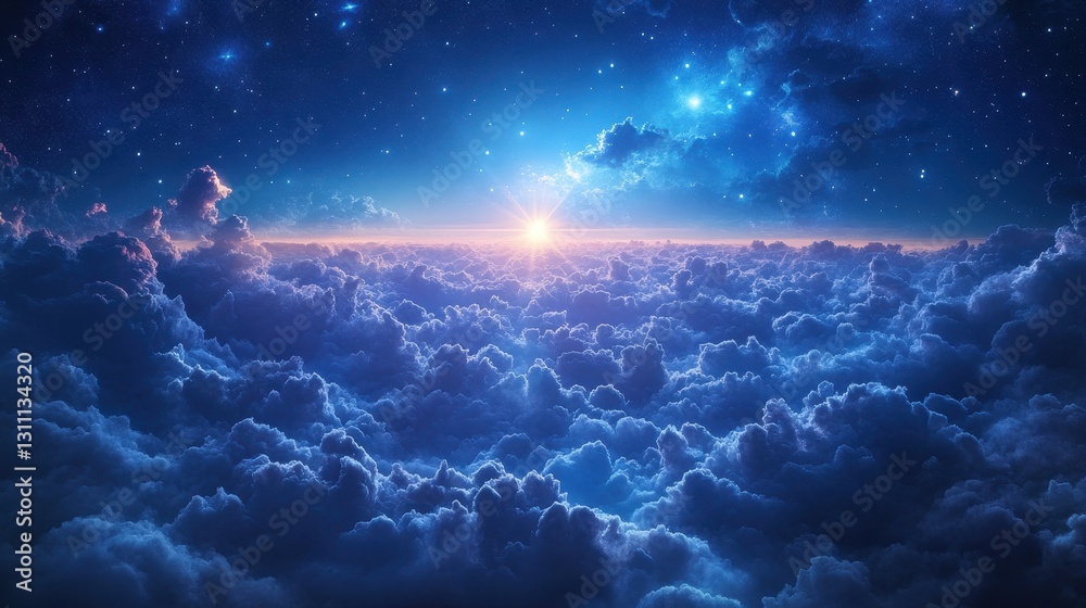 Majestic sunset over ethereal cloudscape with starry sky Majestic sunset over ethereal cloudscape with starry sky