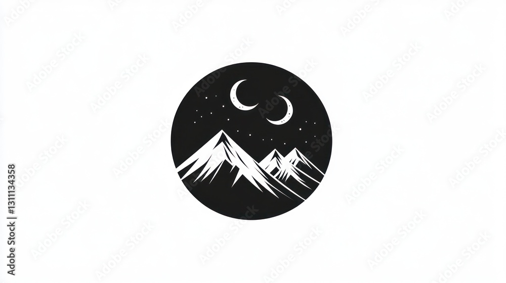 Fototapeta premium Night Mountainscape, Crescent Moons, Stars, Circle Design, Graphic Art