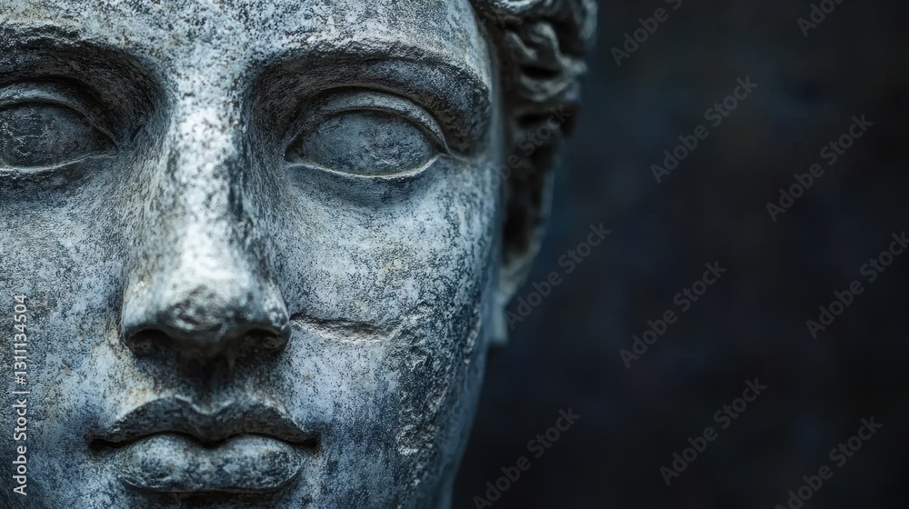 A close-up of an ancient greek sculptures face on dark background. ancient. A close-up of an ancient greek sculptures face on dark background. ancient.