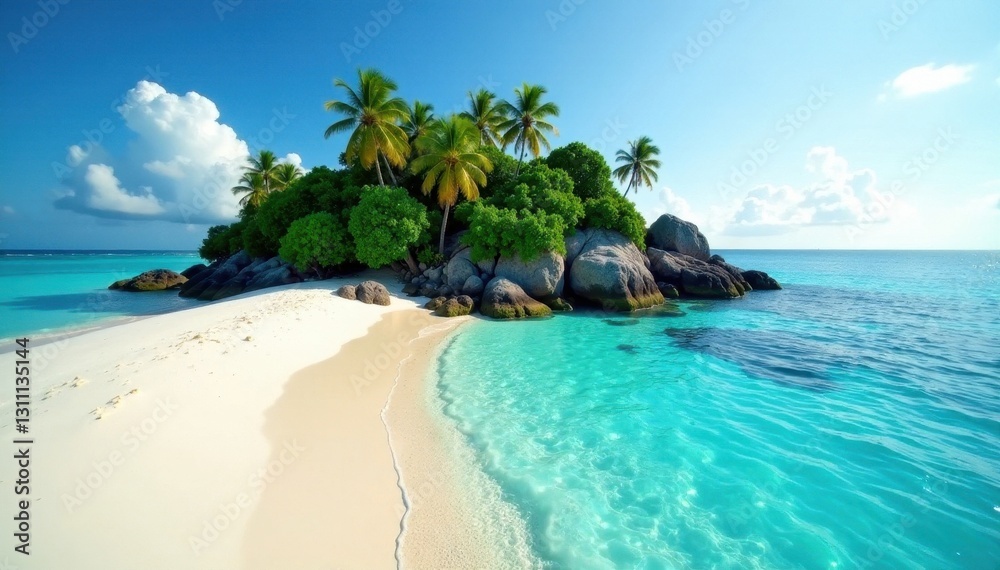 Fototapeta premium Romantic heart island, pristine beach, vibrant coral reefs, sky, beach, vibrant colours