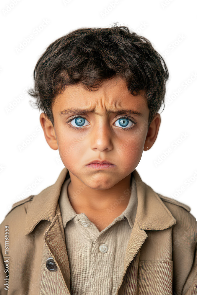 Boy with blue eyes showing sadness and frustration, wearing casual clothing, isolated on white background, childhood emotions, expressive facial features. Boy with blue eyes showing sadness and frustration, wearing casual clothing, isolated on white background, childhood emotions, expressive facial features.