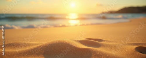 Golden sand shimmers, sun-drenched bokeh blurs horizon , travel, warm, vibrant