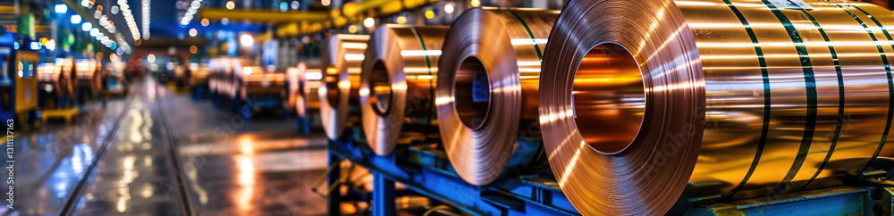 Fototapeta premium Rolls of steel in the factory, rolls of copper and other non-ferrous metals in the factory