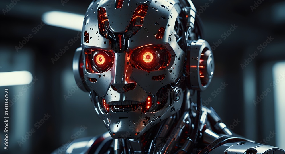 Fototapeta premium A humanoid robot with glowing red eyes is featured in a futuristic laboratory, highlighting its complex metallic design. 