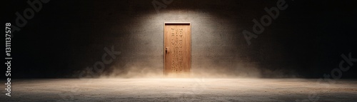A hidden chamber with an ancient door covered in cryptic symbols  soft golden light streaming through the cracks  dust particles floating in the air  mysterious and cinematic  dark academia