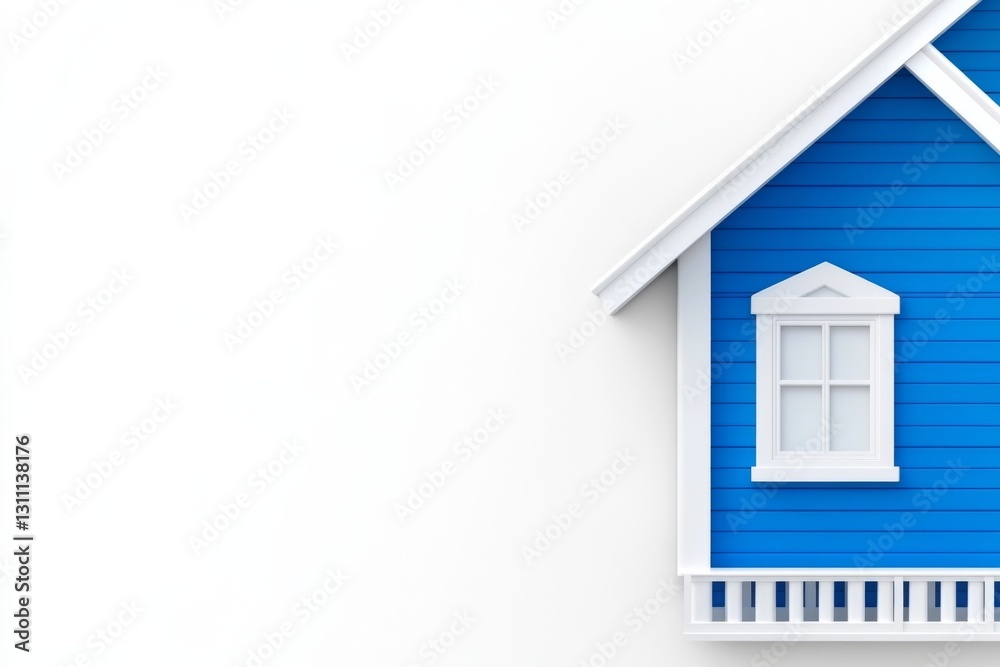 A charming blue house with a white window and balcony on a clean background A charming blue house with a white window and balcony on a clean background