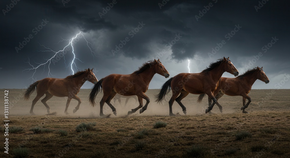 Fototapeta premium Wild Horses Running During Storm with Dramatic Lightning Strikes in Background