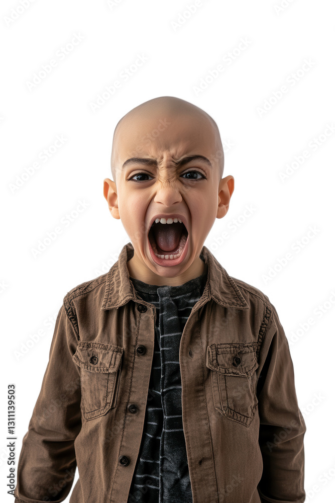 Child expressing strong emotions with open mouth and shouting, isolated on white background, focused on communication, dramatic childhood expression, frustration. Child expressing strong emotions with open mouth and shouting, isolated on white background, focused on communication, dramatic childhood expression, frustration.