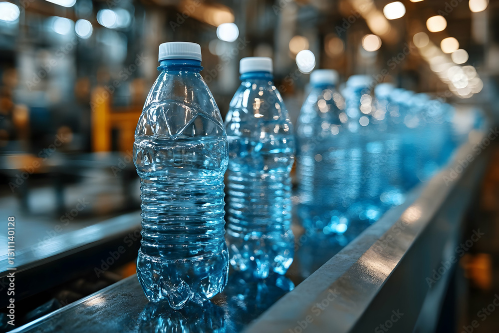 Plastic water bottles on an assembly line Plastic water bottles on an assembly line
