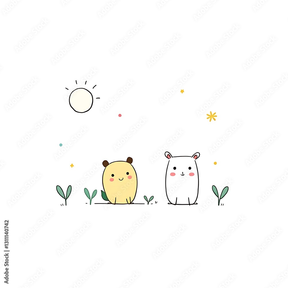 Whimsical Childlike Illustration with Playful Linework and Pastel Colors on White Background