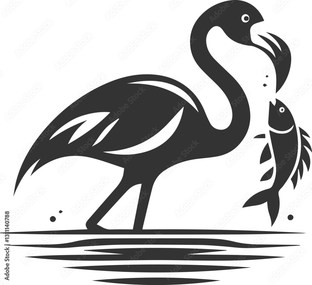 Obraz premium Silhouette of a flamingo with a fish in its beak animal vector