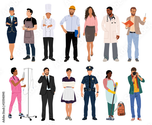 A group of people in various professions, including a chef, a doctor, a police officer, and a flight attendant
