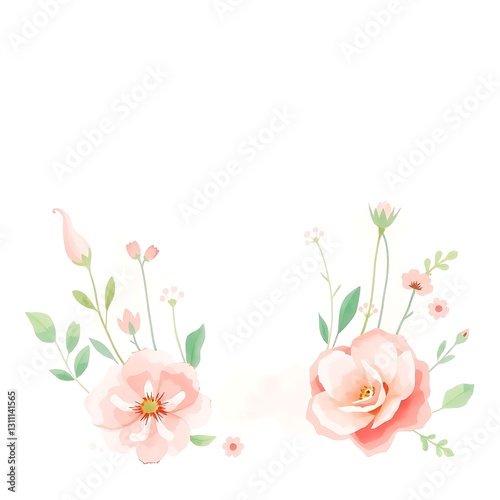 Obraz na płótnie Romantic Watercolor Illustration with Soft Pink and Green Palette on White Background w salonie
