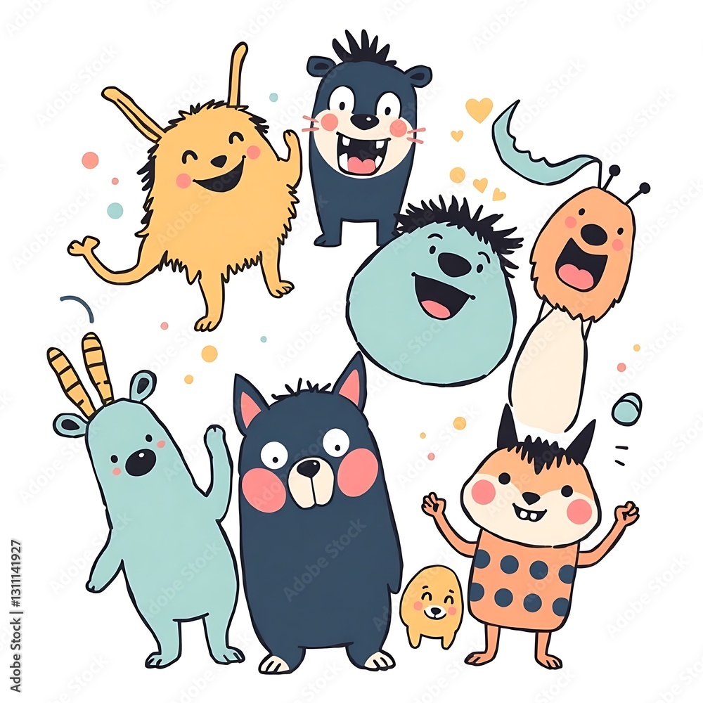 Whimsical Pastel Playground: Playful Characters with Exaggerated Features in Dynamic Illustration