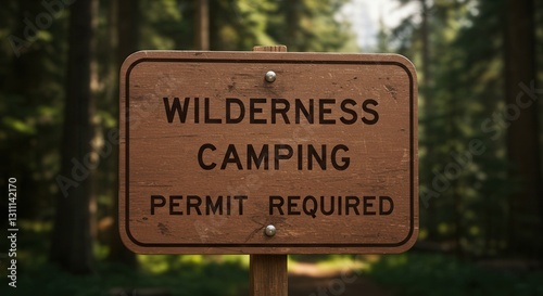 Fototapeta Naklejka Na Ścianę i Meble -  Wilderness Camping Permit Required Sign in Forest, Adventure and Nature