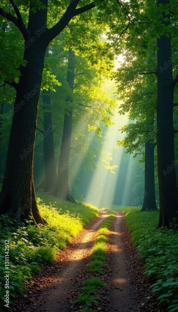 Fototapeta premium Sun-dappled forest road winds through ancient trees , woodland, path