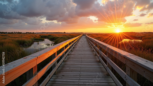 boardwalk at a coastal marsh sunset tranquility, ease of access, and a strong bond between visitors and surrounding natural environment, including marsh grasses and aquatic life