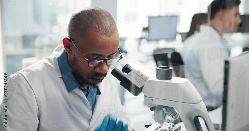 Science, lab and man with microscope for research, medical study and discovery. Healthcare, pharmaceutical and scientist with equipment for virus vaccine, microbiology and experiment for medicine