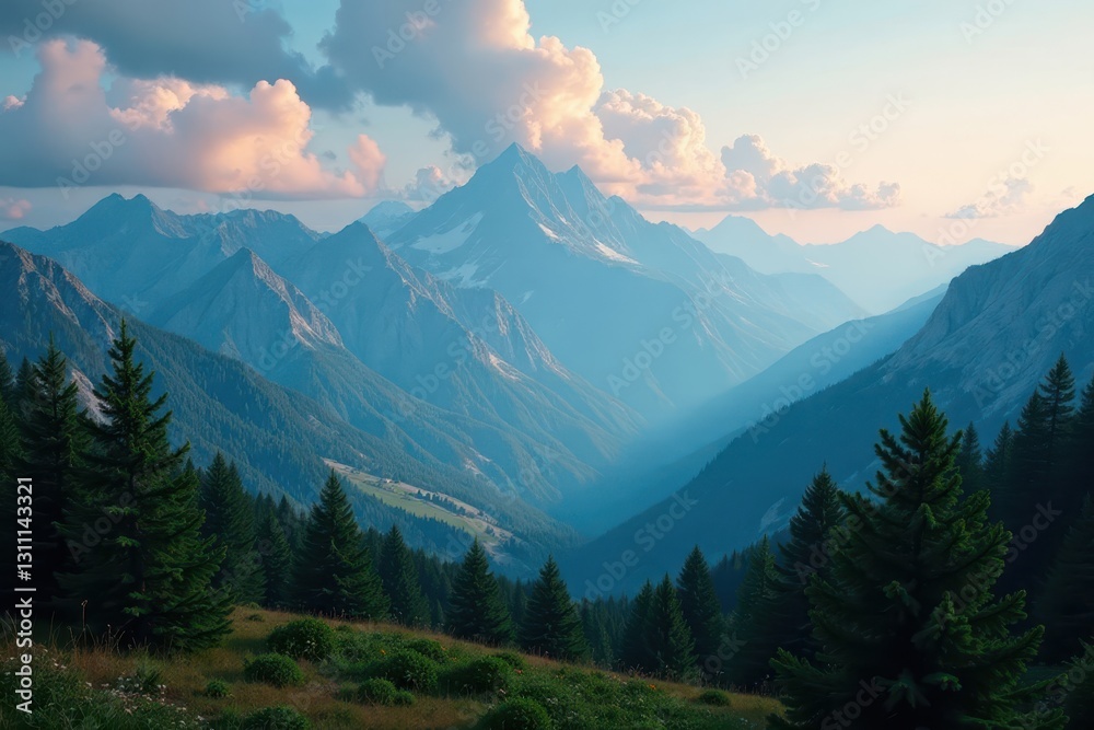 Obraz premium Expansive mountain range, dense woodland, dramatic sky, view, trees, high resolution