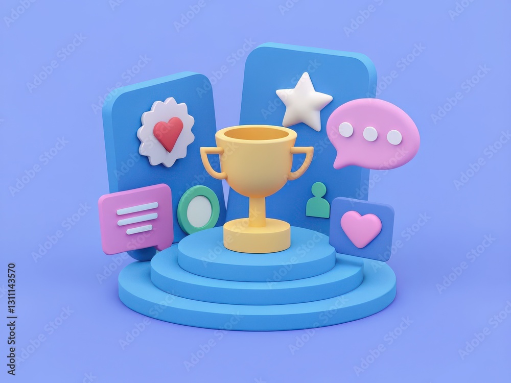 Colorful 3D Trophy Display with Social Media Icons on a Blue Background for Celebration Themes Colorful 3D Trophy Display with Social Media Icons on a Blue Background for Celebration Themes