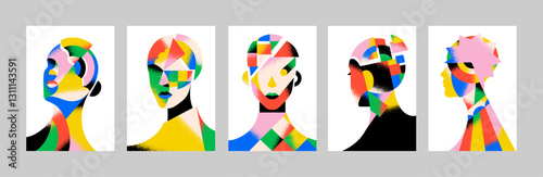 Set of posters with abstract woman faces. Contemporary wall arts with female head silhouettes with geometric shapes. Creative interior decoration, design of home decor. Flat vector illustrations