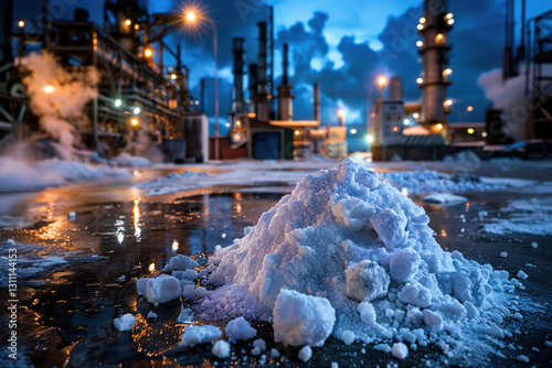 A large pile of ammonium sulfate inside a spacious, dimly lit chemical plant warehouse photo