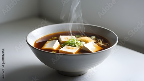A bowl of miso soup with tofu cubes