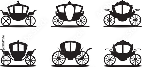 Silhouette vector pack of royal horse-drawn vintage carriages with wheels and window