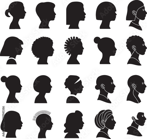 Collection of Diverse Human Profile Head Silhouettes in Unique Hairstyles Vector Icons for Identity, Culture and Design Themes
