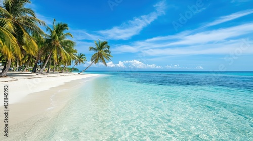 Fototapeta Naklejka Na Ścianę i Meble -  Tropical beach with crystal-clear water, white sand, and palm trees under a bright blue sky, free space for text