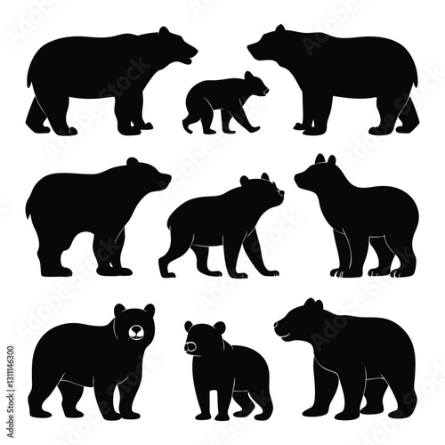 Set of Bear Silhouettes | Wild Animal Vector Icons | Black and White Illustration
