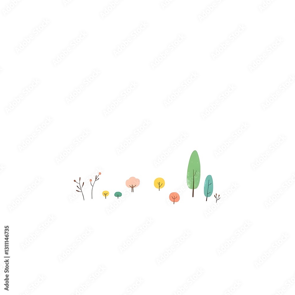Whimsical Pastel Landscape Illustration in Naive Art Style on White Background