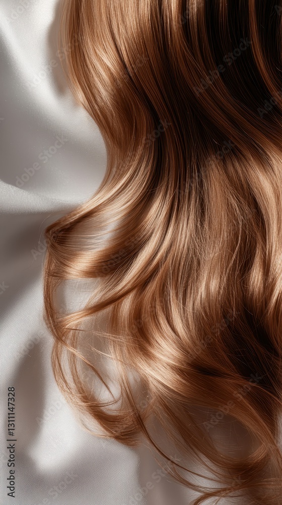Naklejka premium Beautiful model girl with Brown hair strand,silky healthy chestnut wavy hair strand,hair wavy ribbon, with smooth,Keratin straightening,Treatment,straight long hair,procedures,Smooth hairstyle.