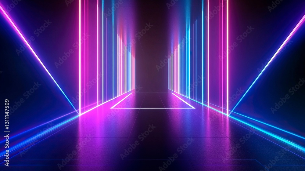 Fototapeta premium Abstract background with neon lines and glowing elements on a black backdrop, empty space for design, holographic light effect, virtual stage. Vector illustration of laser beams in a dark room.