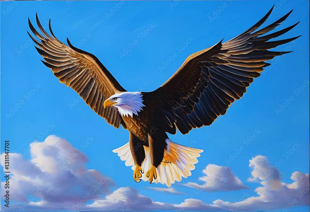 Naklejka premium American Bald Eagle Soaring in the Sky with Wings Spread Wide