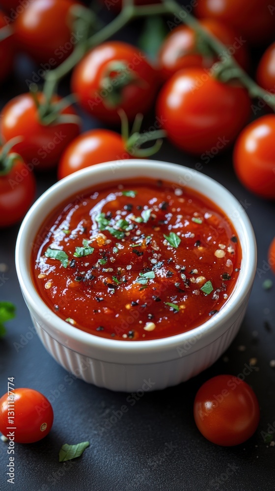 Freshly prepared ketchup served in a white bowl surrounded by vibrant red tomatoes on a neutral grey background Freshly prepared ketchup served in a white bowl surrounded by vibrant red tomatoes on a neutral grey background
