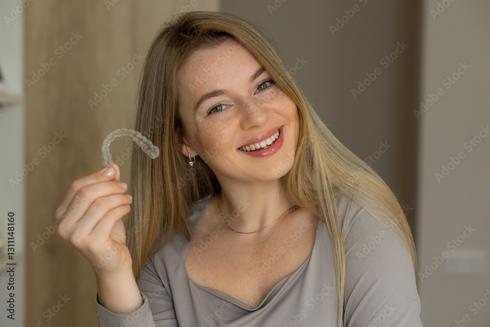 Smiling woman holding clear aligner for orthodontic treatment and dental care Smiling woman holding clear aligner for orthodontic treatment and dental care