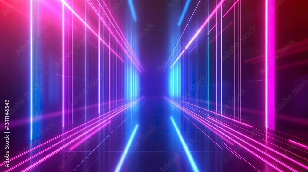 Abstract background with neon lines and glowing elements on a black backdrop, empty space for design, holographic light effect, virtual stage. Vector illustration of laser beams in a dark room. Abstract background with neon lines and glowing elements on a black backdrop, empty space for design, holographic light effect, virtual stage. Vector illustration of laser beams in a dark room.