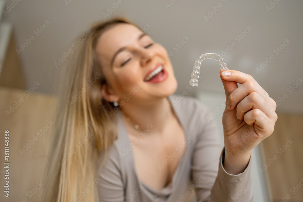 Smiling Woman Holding Orthodontic Clear Aligner in Bright Indoor Setting Smiling Woman Holding Orthodontic Clear Aligner in Bright Indoor Setting